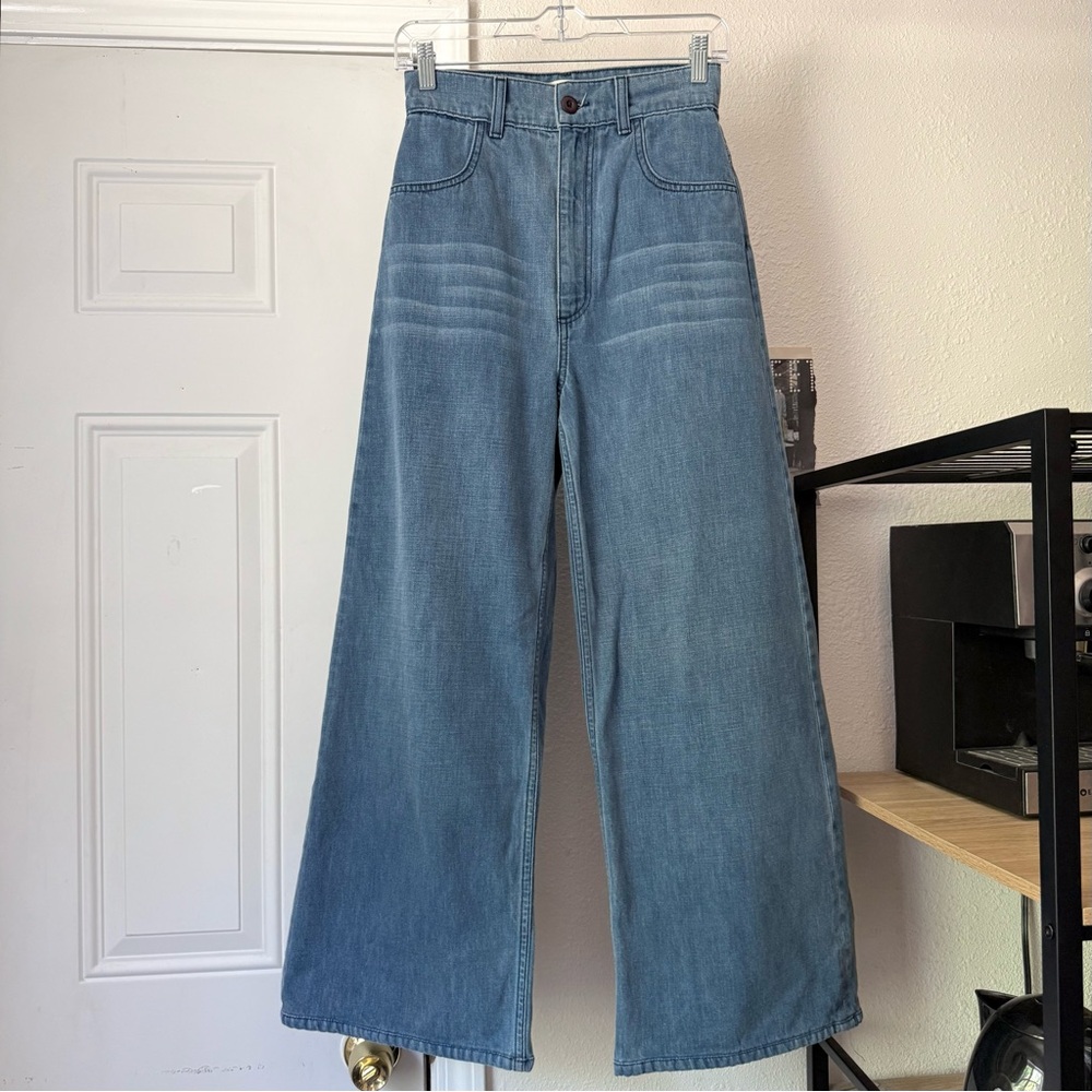 Doen blue stretch cotton high rise wide leg jeans